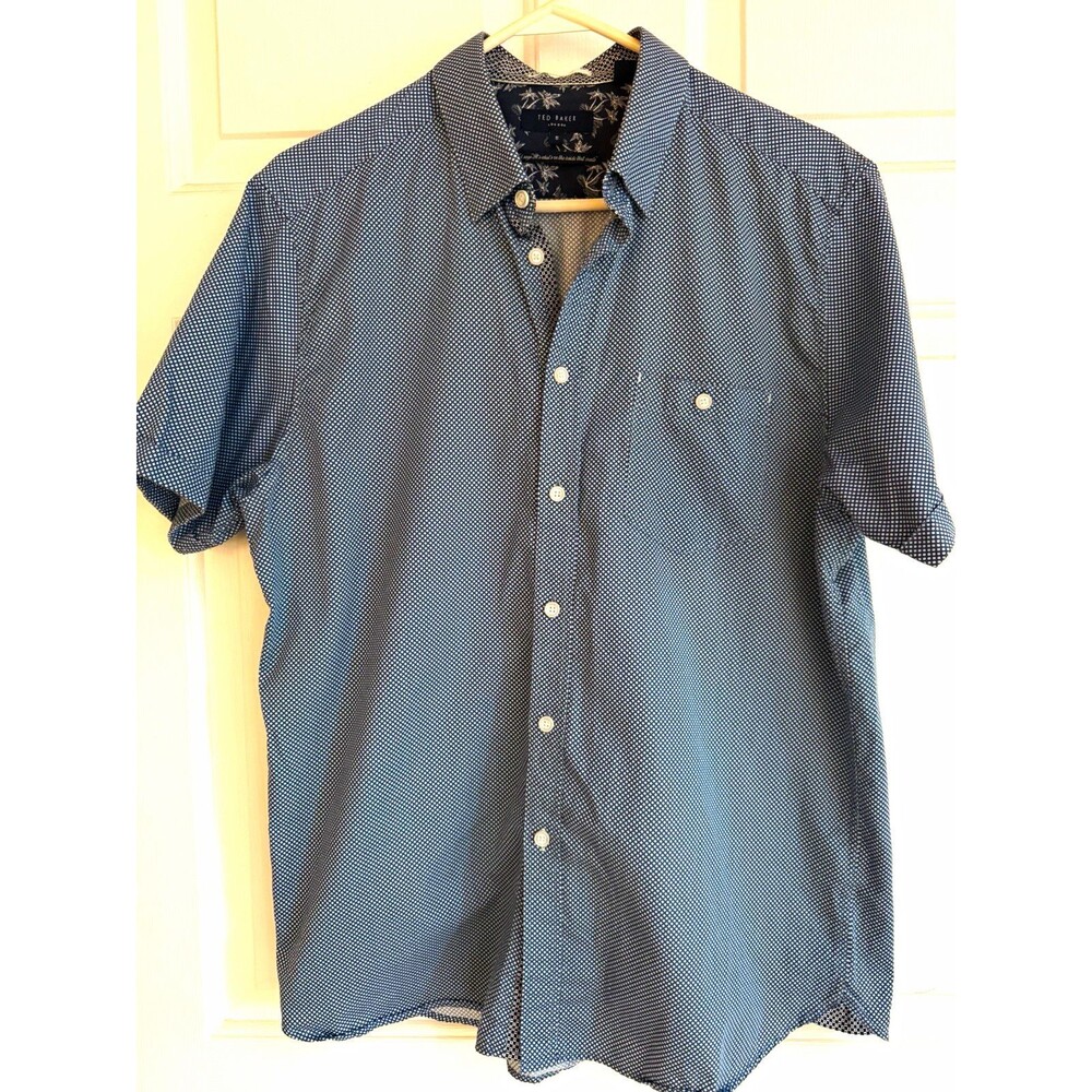 Ted Baker London Blue/White Geometric Cotton Short Sleeve Button-Up Shirt 5